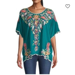 Johnny Was Teal Floral Embroidered Blouse